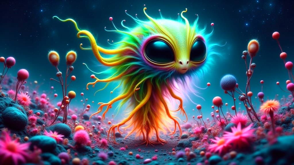 Funky Alien Pointillism Digital Art with Bioluminescent Flor...