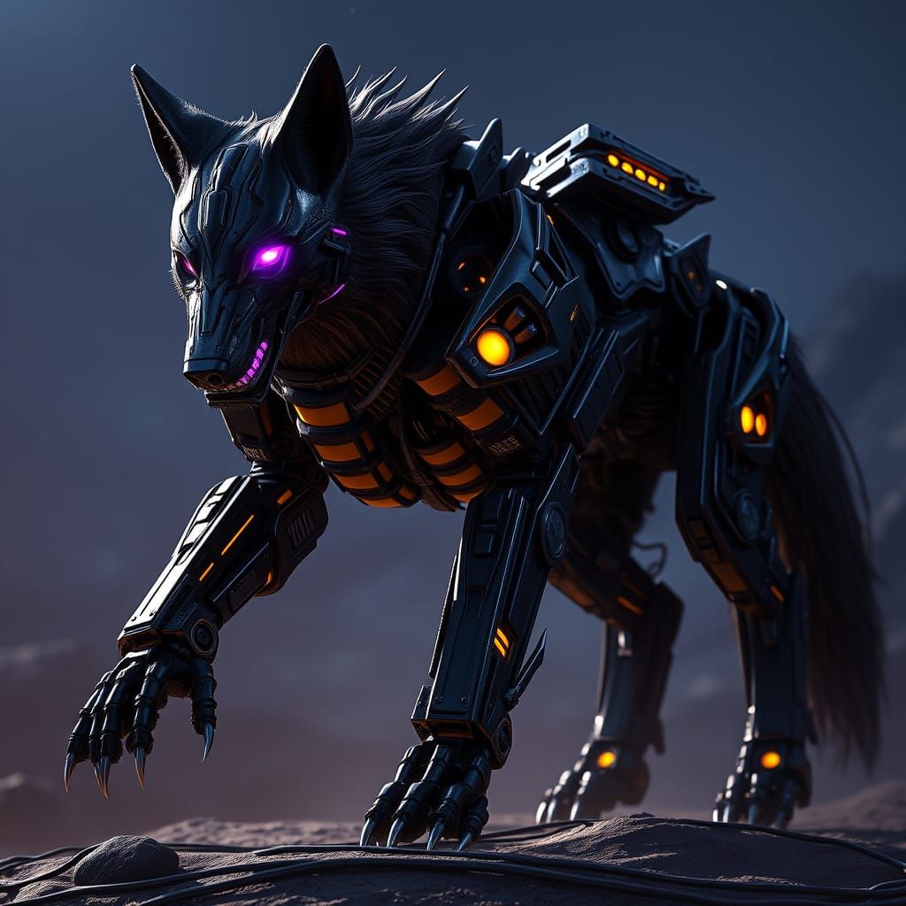 Mechanized Cyberpunk Wolf in Dark Fantasy Style