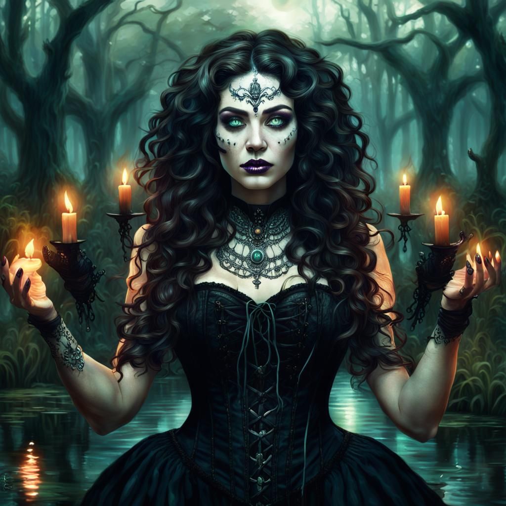 Cajun Bayou Witch Summoning Ghosts: Fantasy Concept Art