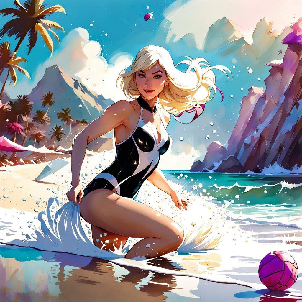 Spider-Gwen plays water polo at the beach