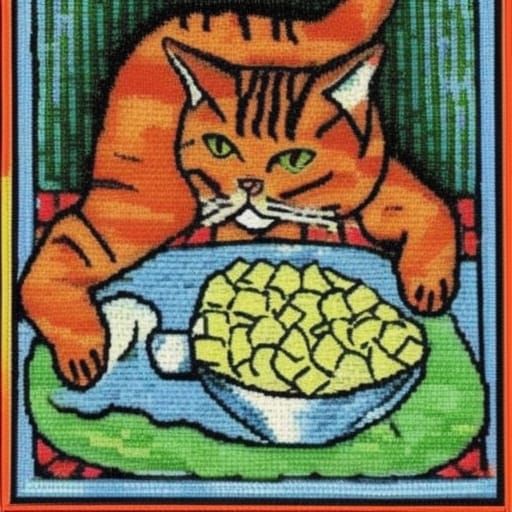 Cat and Human Share Salad: Naive Art Style
