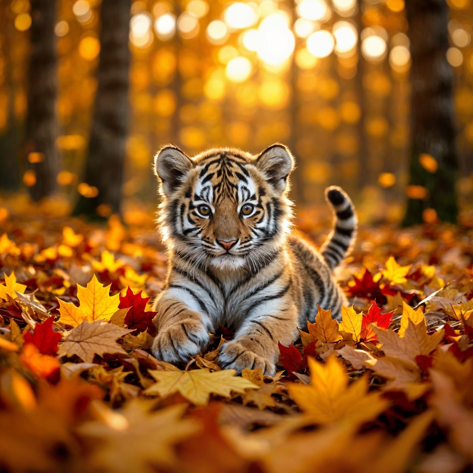 Fluffy Tiger Cub Plays in Autumn Leaves