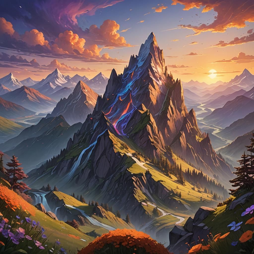 Majestic Mountain Sunset in Whimsical Fantasy Art