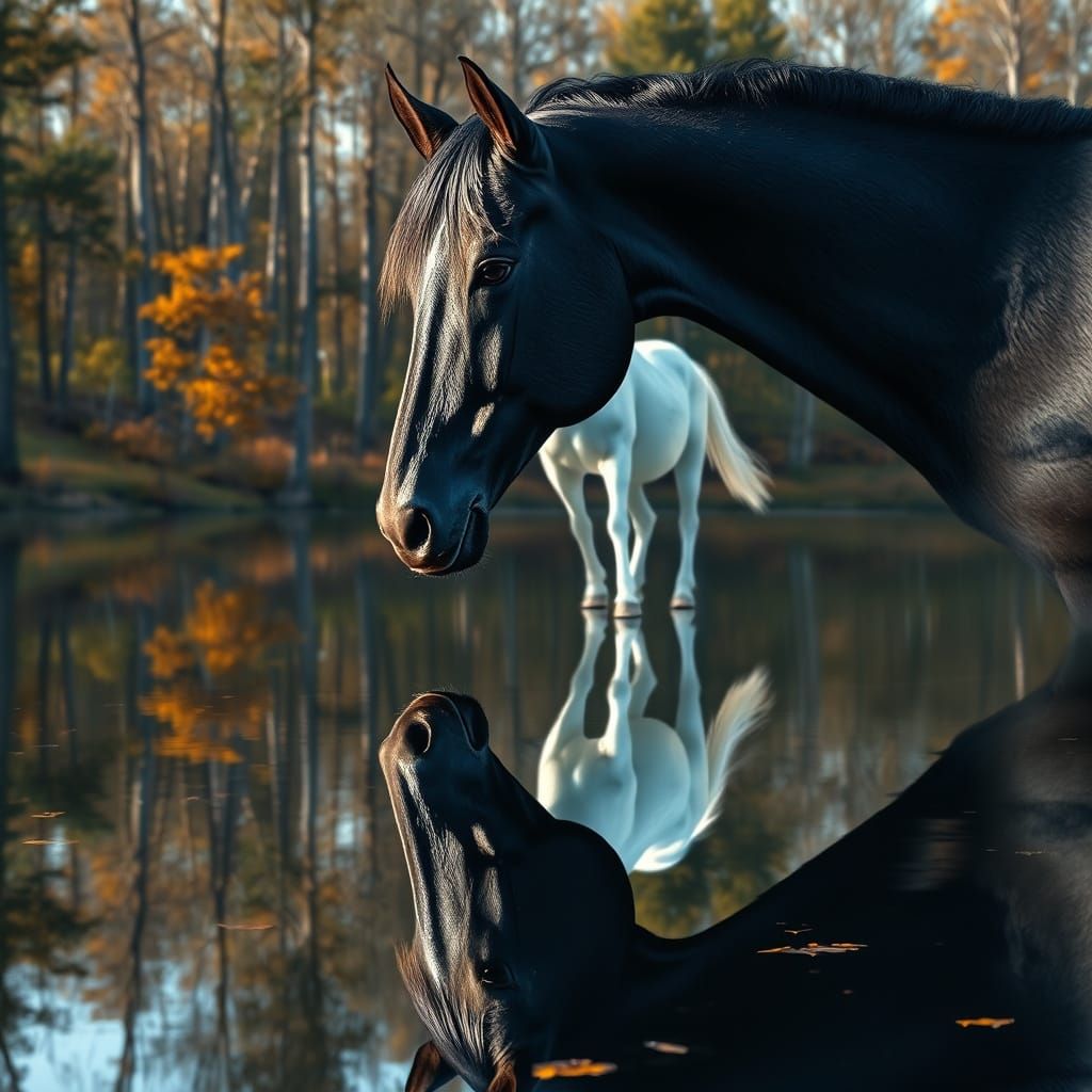 Black Horse Meets Unicorn Reflection in Mirror Lake