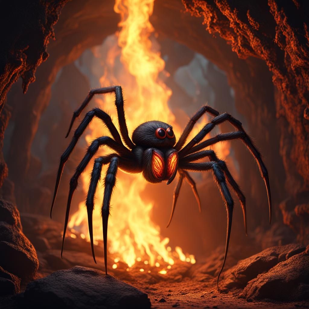 Spider in Fire Cave with Burning Torch