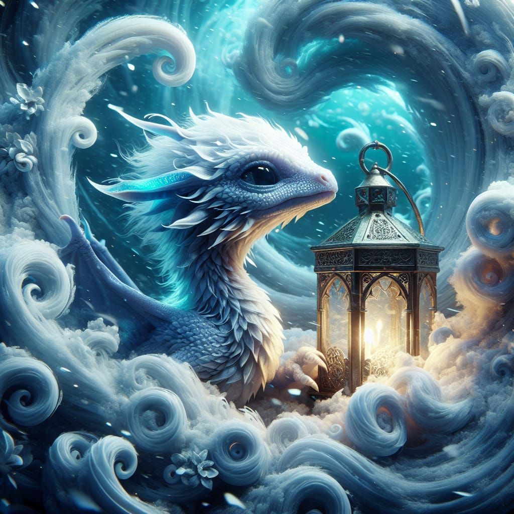 Adorable Snow White Dragon in Blizzard, Fantasy Concept Art