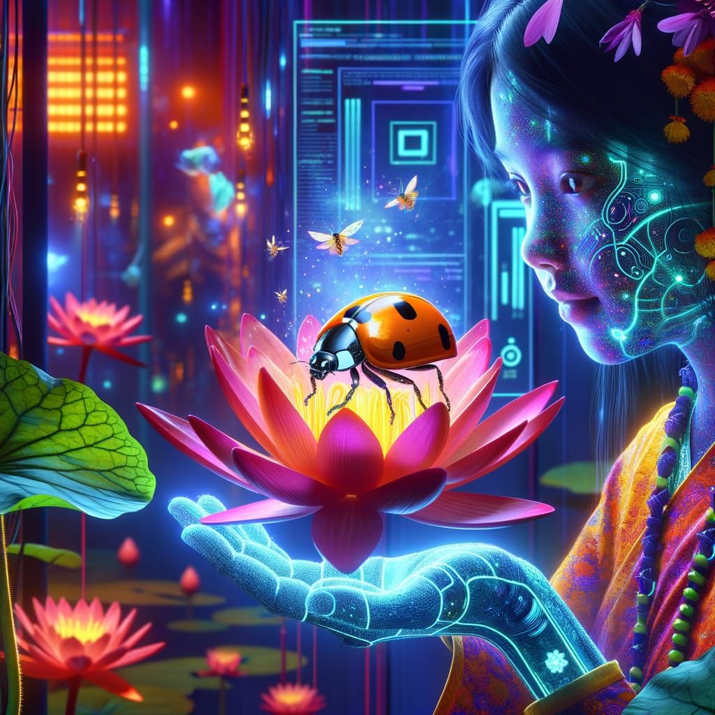 Glowing Bioluminescent Ladybug in Lotus Flower, Held by Girl...