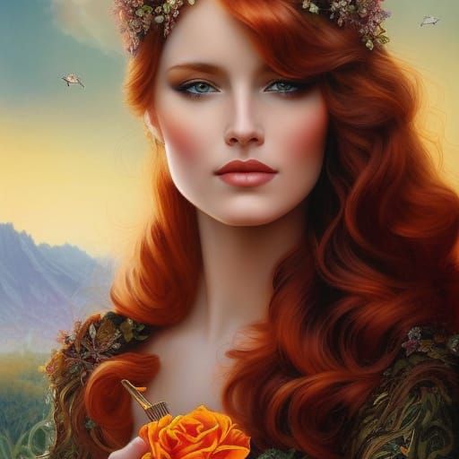 Redhead in Rose Garden: A Digital Masterpiece