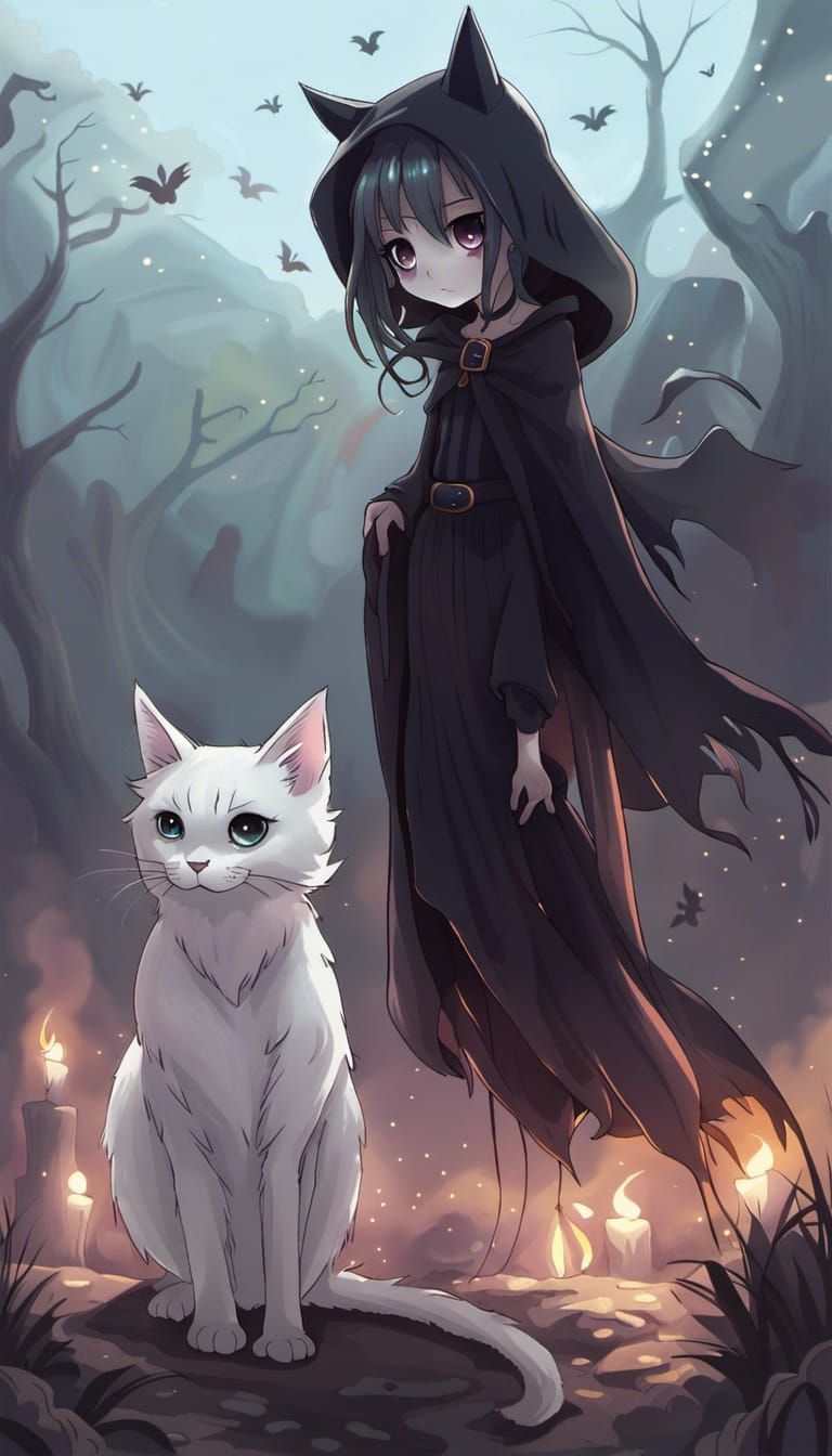 Grim Reaper with Spectral Kitten Anime Art