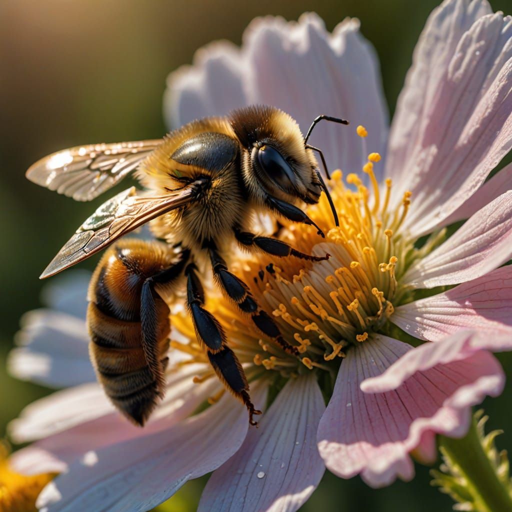 Vibrant Close-up of a Bee on a Delicate Flower in Hyper-Real...