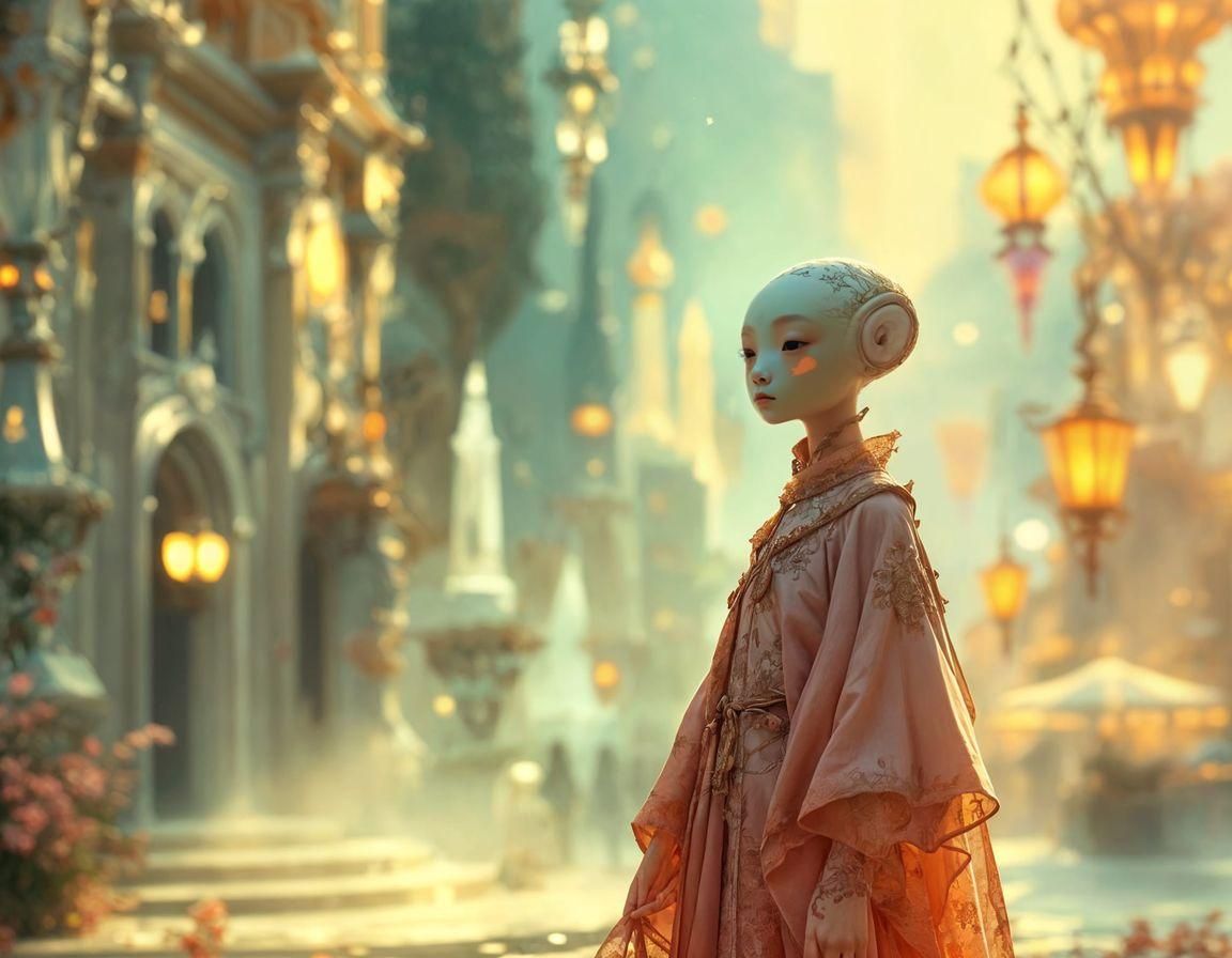 Alien in Iridescent City Square: Japanese Illustration