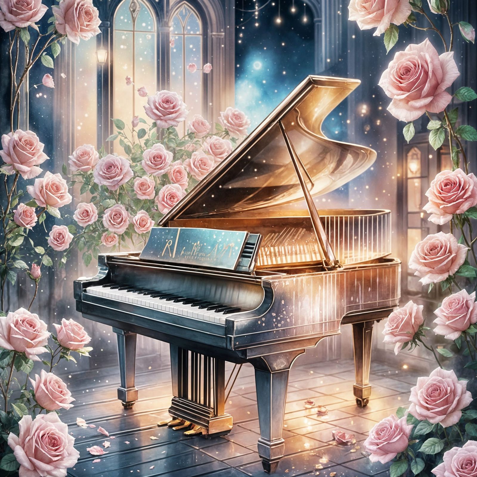 Magical Glass Piano with Glowing Roses Watercolor