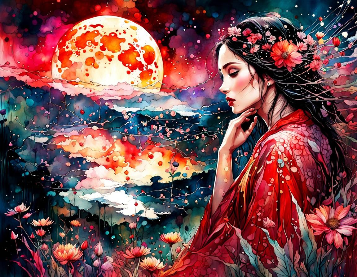 Blood Moon Summerscape: Digital Watercolor Art