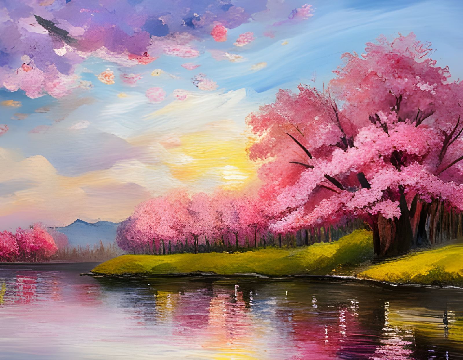 Cherry Blossoms at Sunrise: An Impressionist Gouache Paintin...