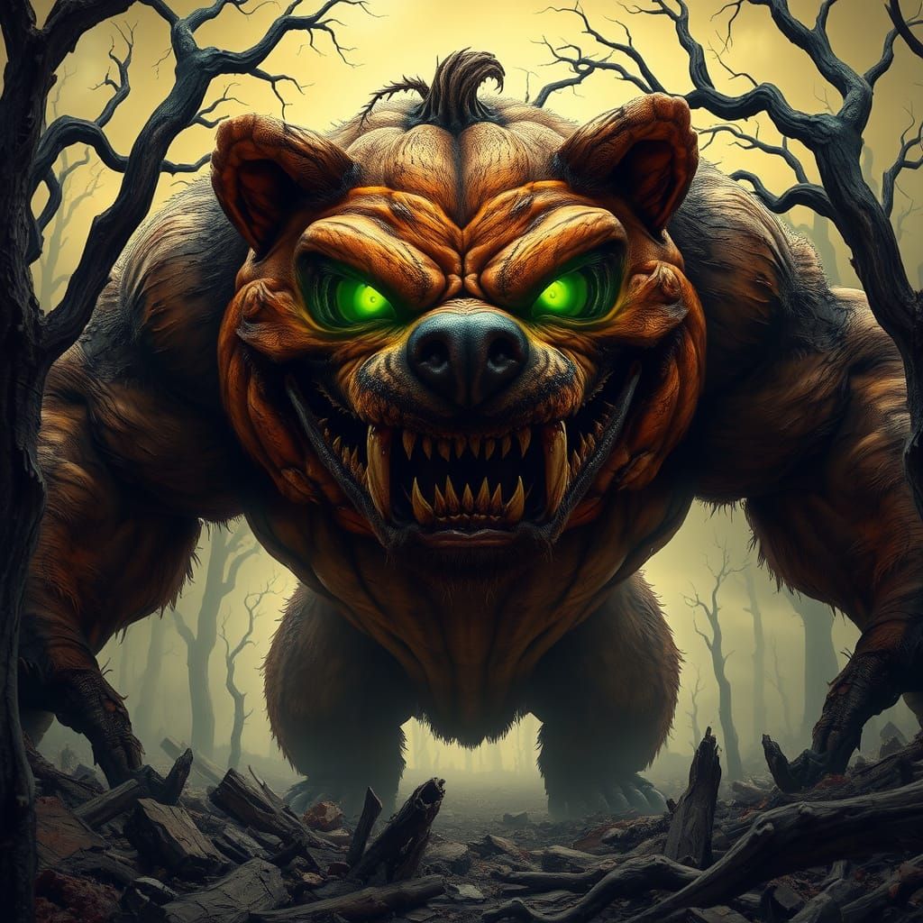 Terrifying Post-Apocalyptic Pumpkin Puppy Stands in Ruined F...