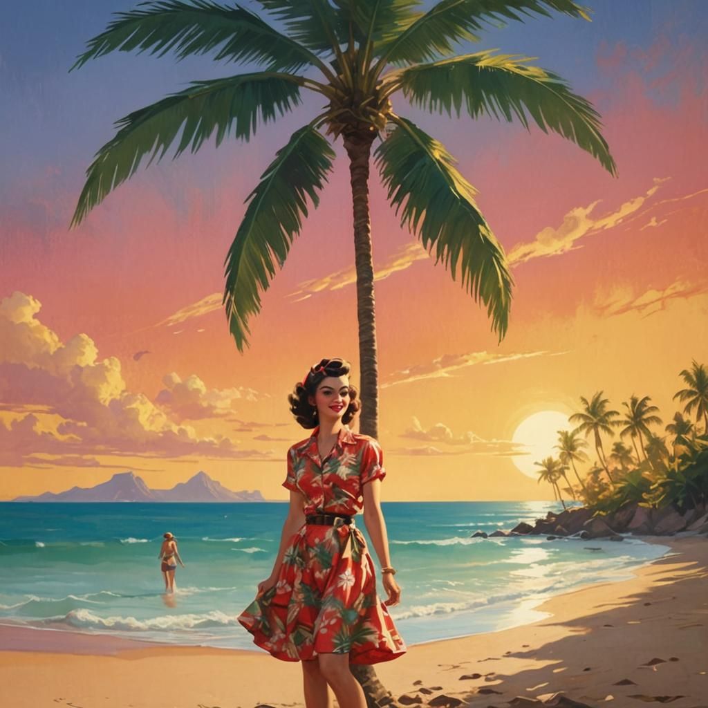 Retro Pin-Up Art of Woman on Tropical Beach