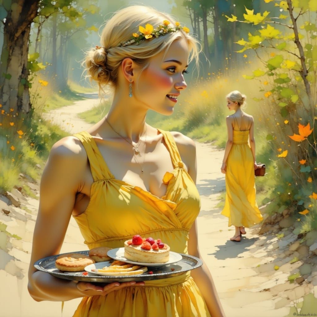Elegant Blonde Woman in Yellow Sundress Delights with Pastri...