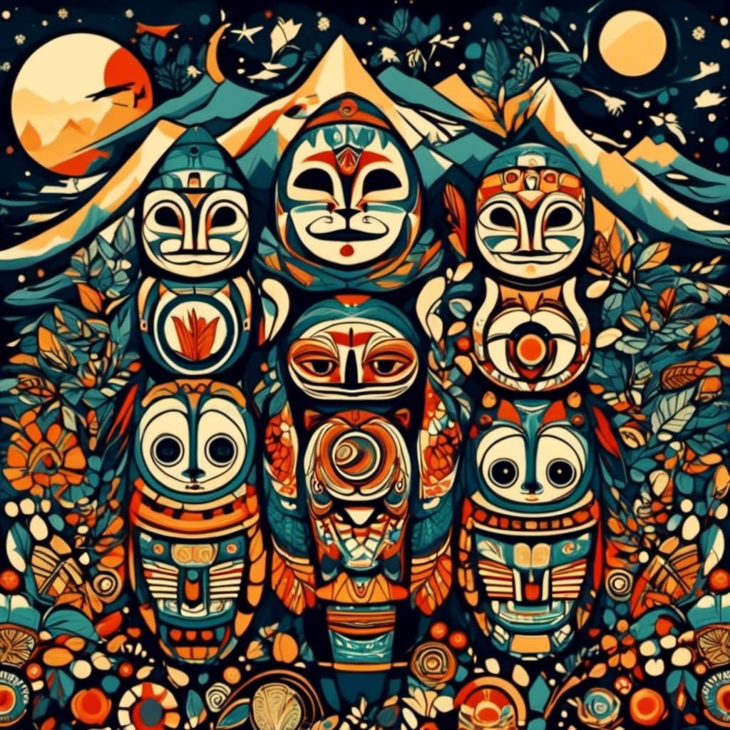 Detailed Totem Pole with Turtle and Fox