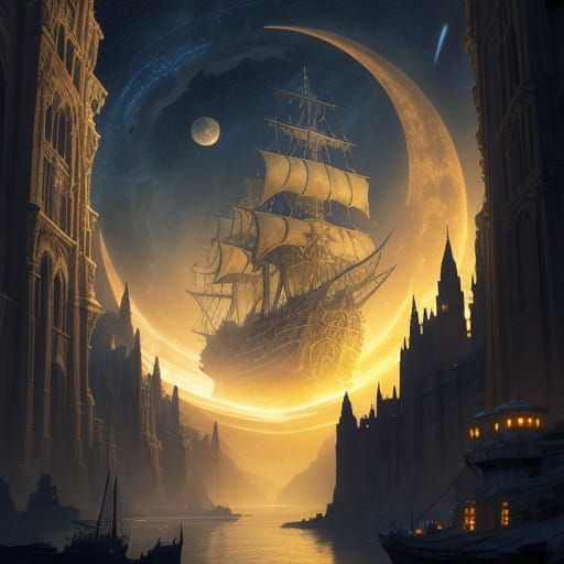 A futuristic style giant spacecraft leaving the harbor of an...