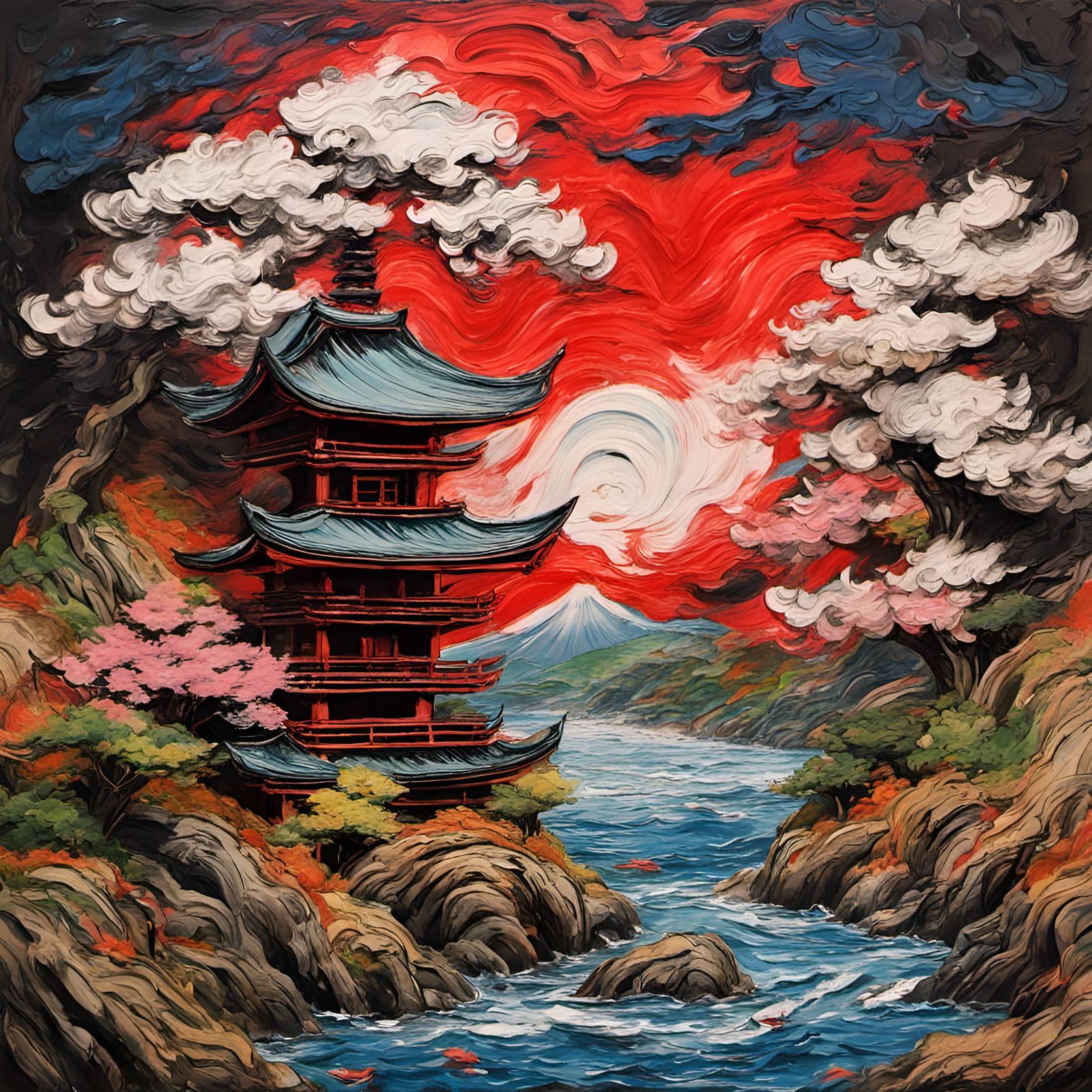 Japanese Art Impasto Drawing in Traditional Style