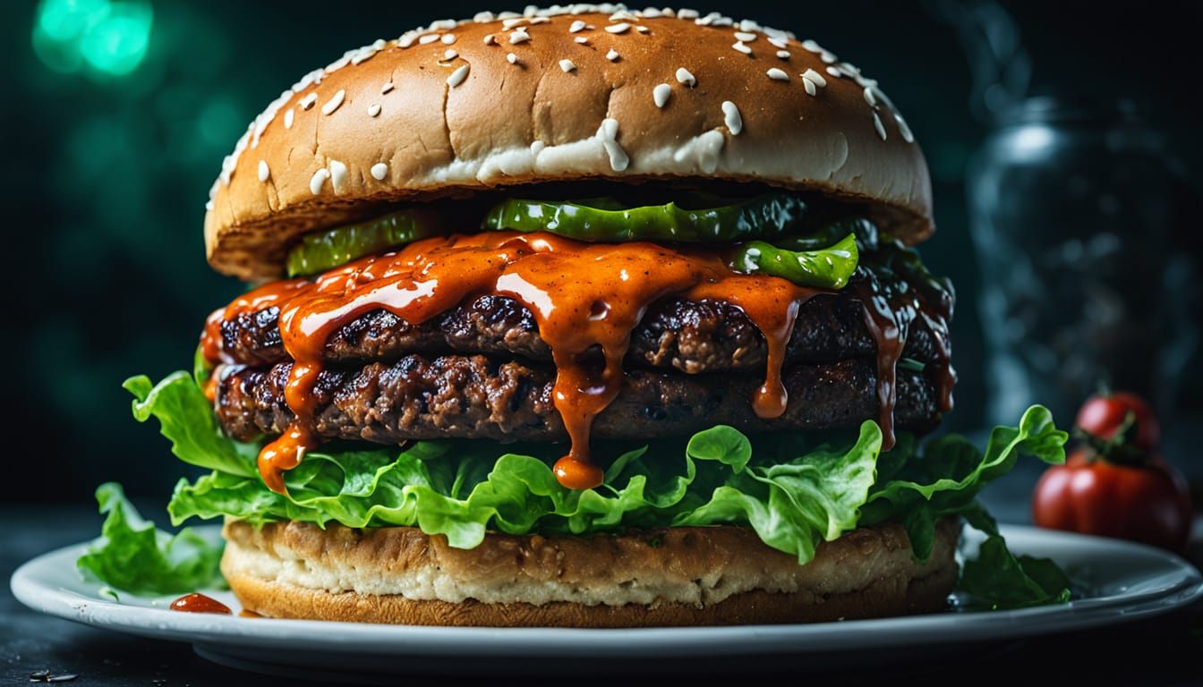 Bloody Delight: Creepy Hamburger in Dark Fantasy Style