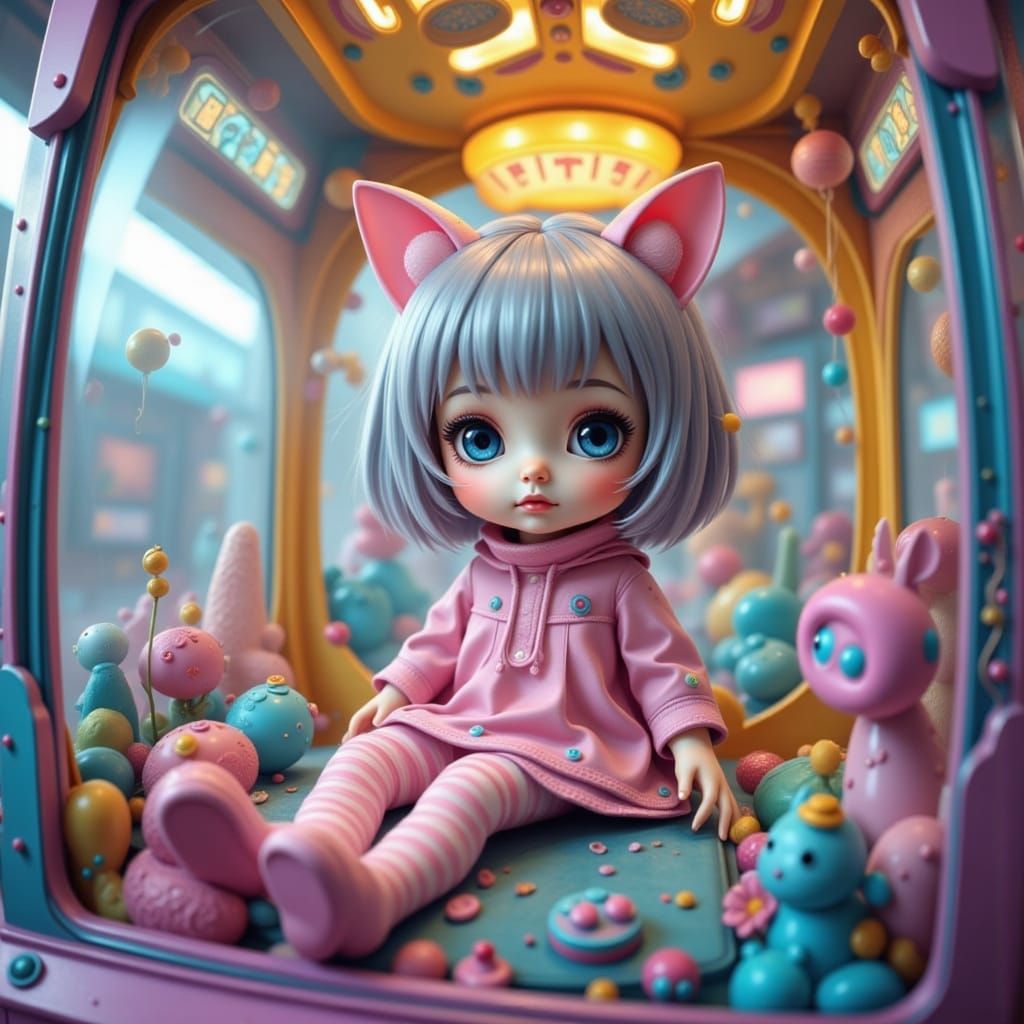 Neko Cat Girl Doll Trapped in Crane Game at Arcade