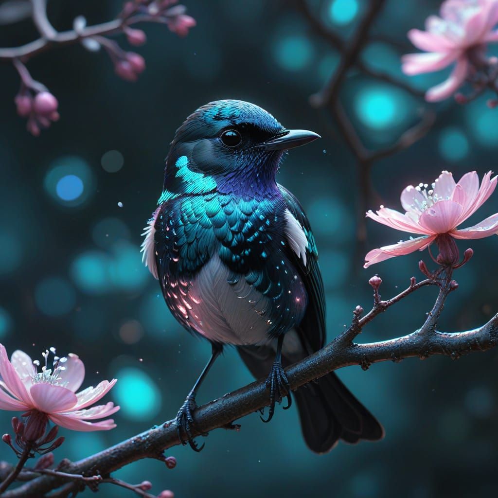 Magpie Robin in Vibrant Holographic Bloom