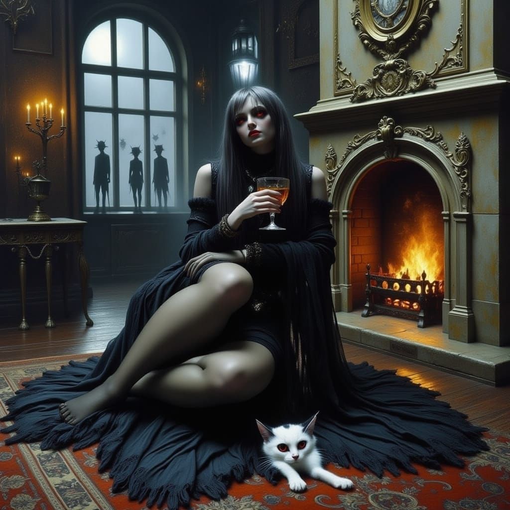 Silver-Haired Woman in Haunted Library as Surrealist Oil