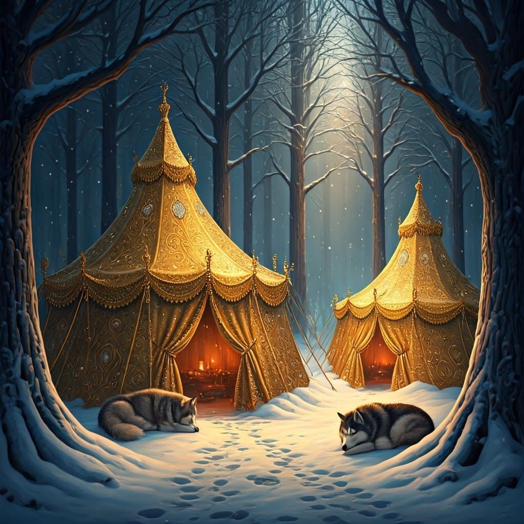 Winter baroque camping in a snow covered forest. Golden bejewelled tents emit soft light while huskies sleep outside