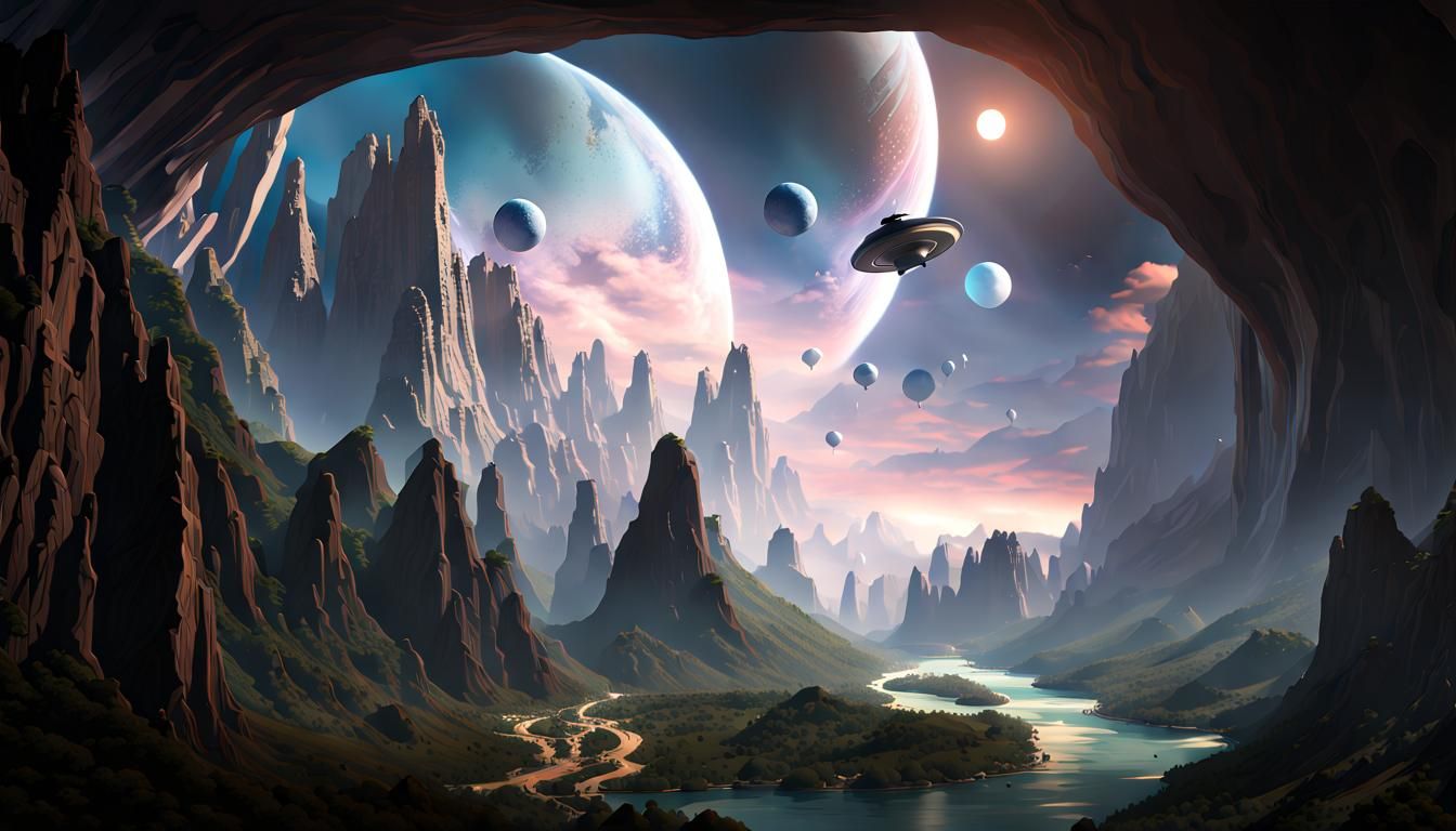 Alien Cityscape with Flying Saucer in 3D