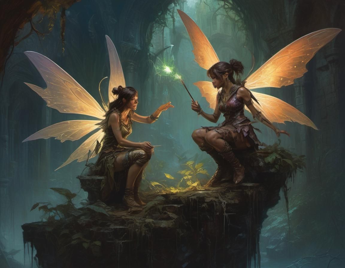 Fairies in a Nighttime Fantasy Art Scene
