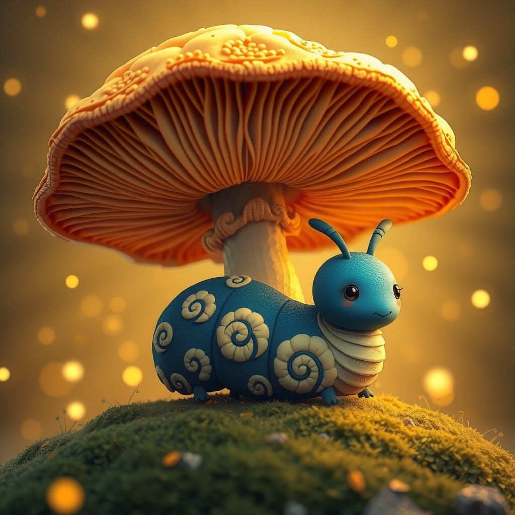 Whimsical Kawaii Chibi Caterpillar in a Fantastical Mushroom...