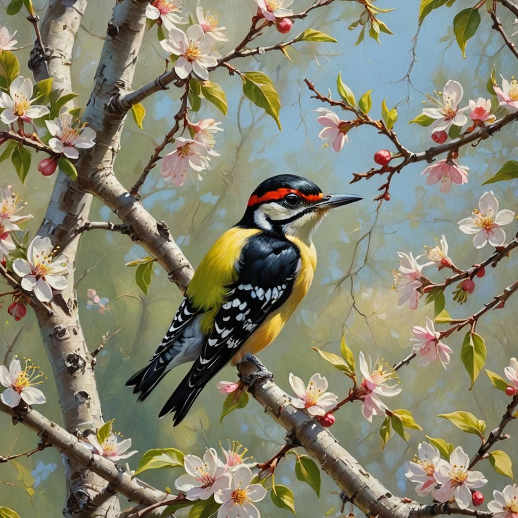 Woodpecker in Blossoming Apple Tree, Oil Painting