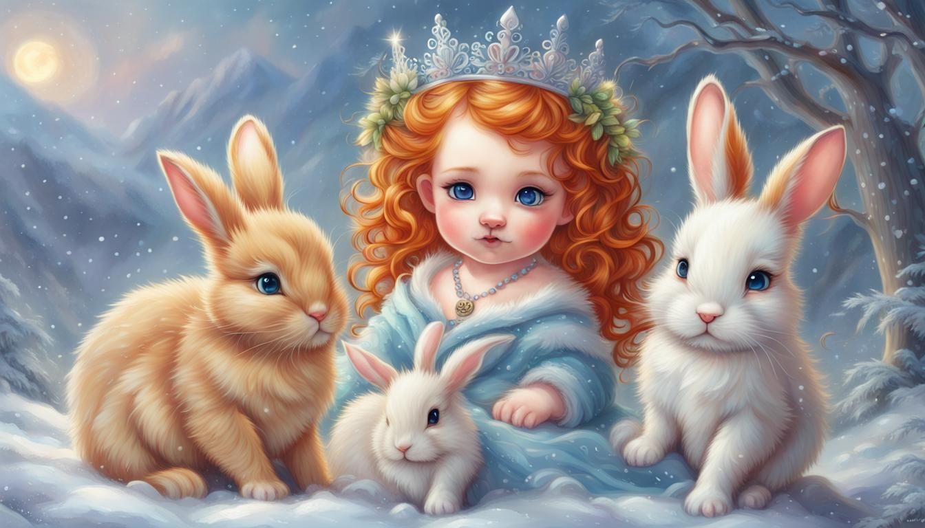 Cute ginger baby chibi rabbits Diadema crown blue eyes and a snowing background ethereal fantasy hyperdetailed mist Thom...
