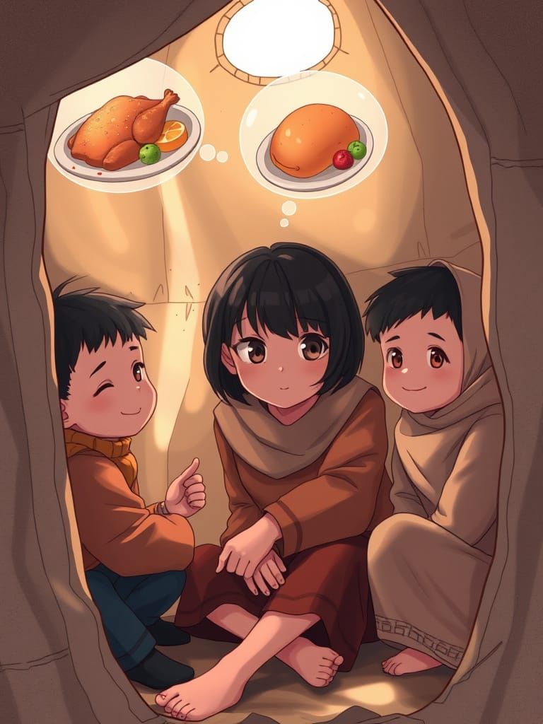 Anime Illustration of Girls Dreaming of Food