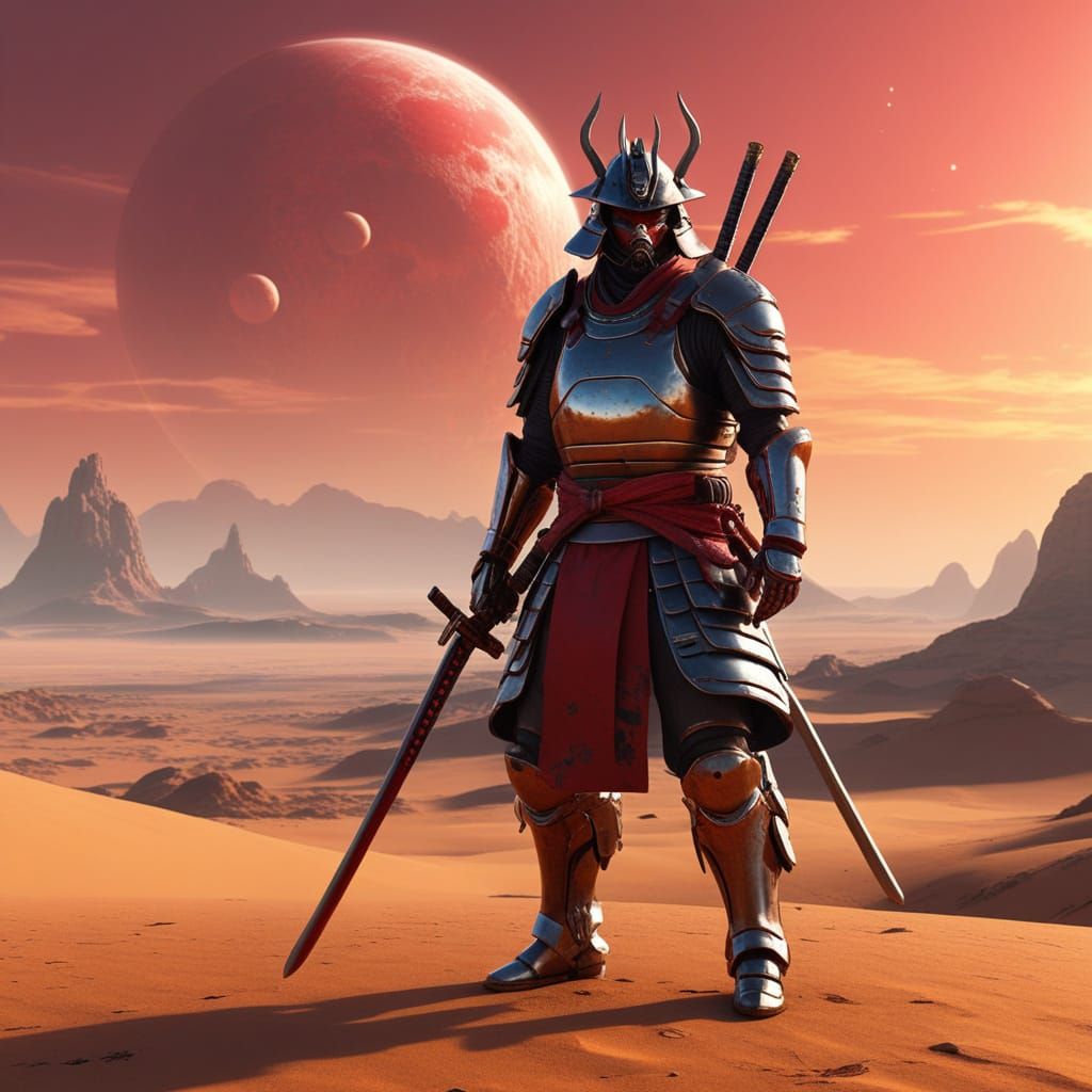 Samurai on Alien Planet in Hyperrealistic Sci-Fi Art