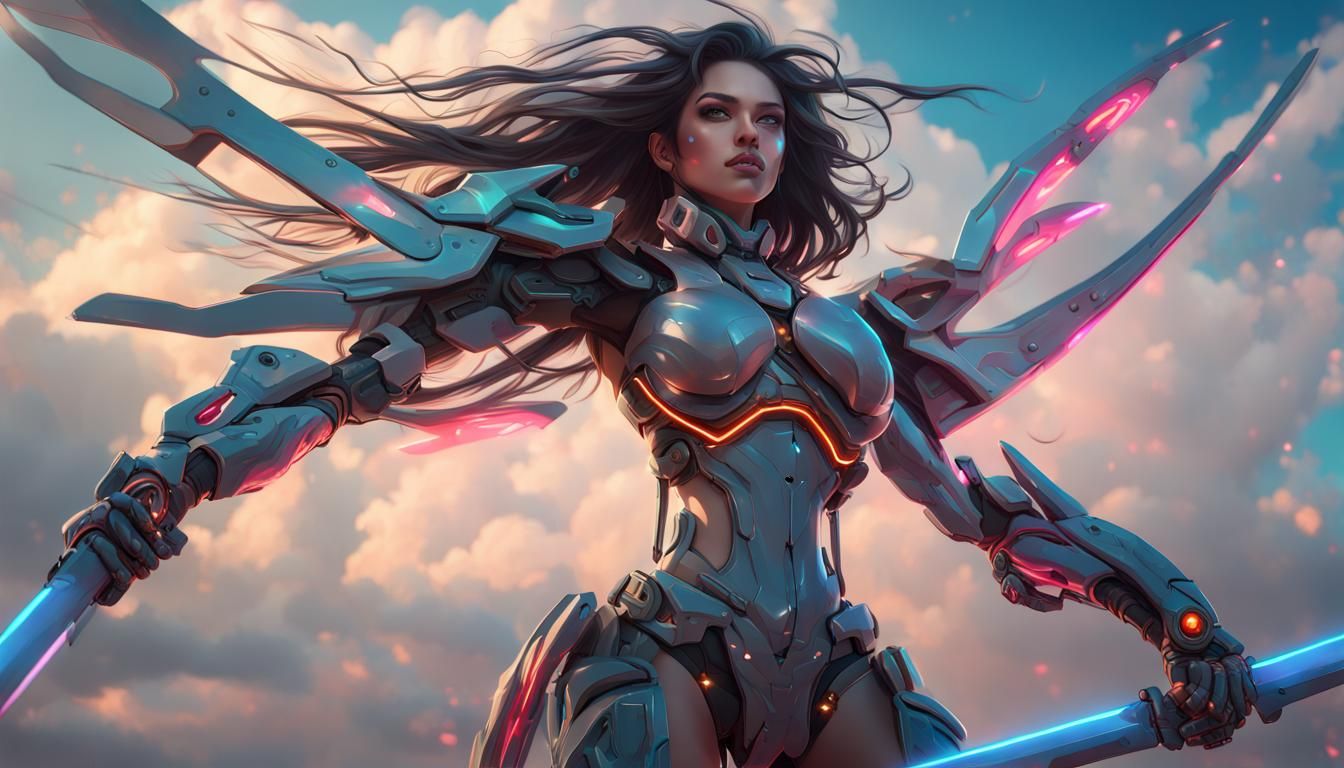 Cyborg Mecha Girl Ascending, Digital Art