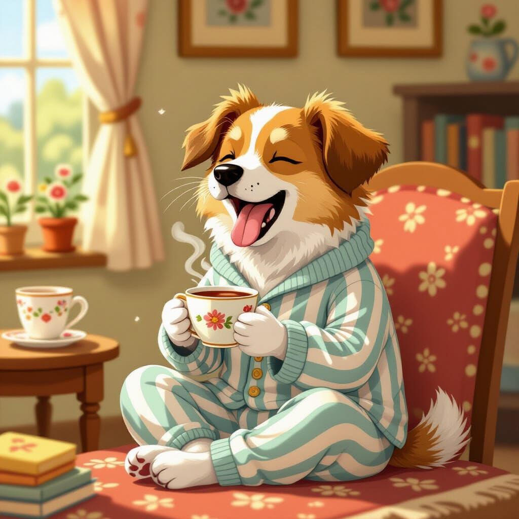 Dog Yawning in Pajamas with Tea, Folk Art Style
