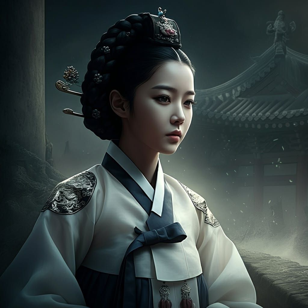 Korean Shamanic Goddess in Triadic Hanbok Splendor