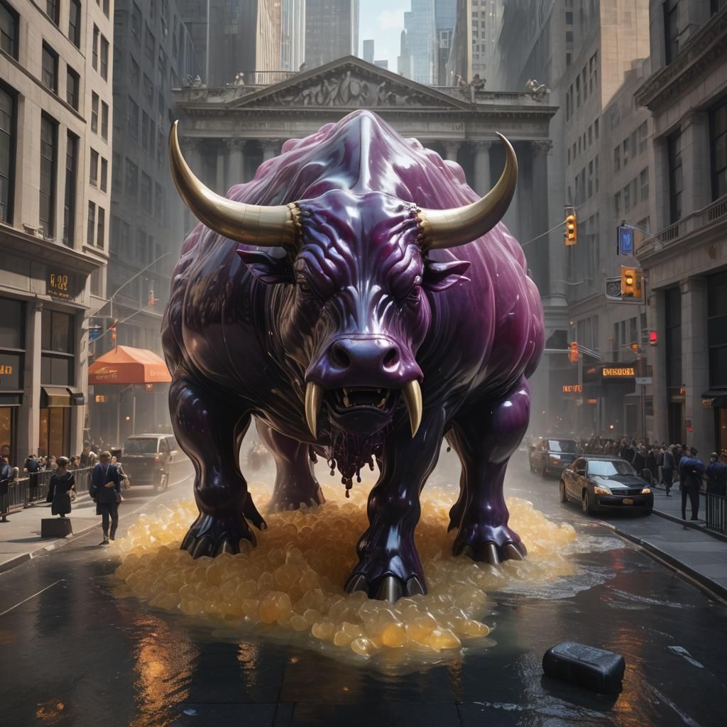 Giant Jelly Bull on Wall Street: Detailed Matte Painting