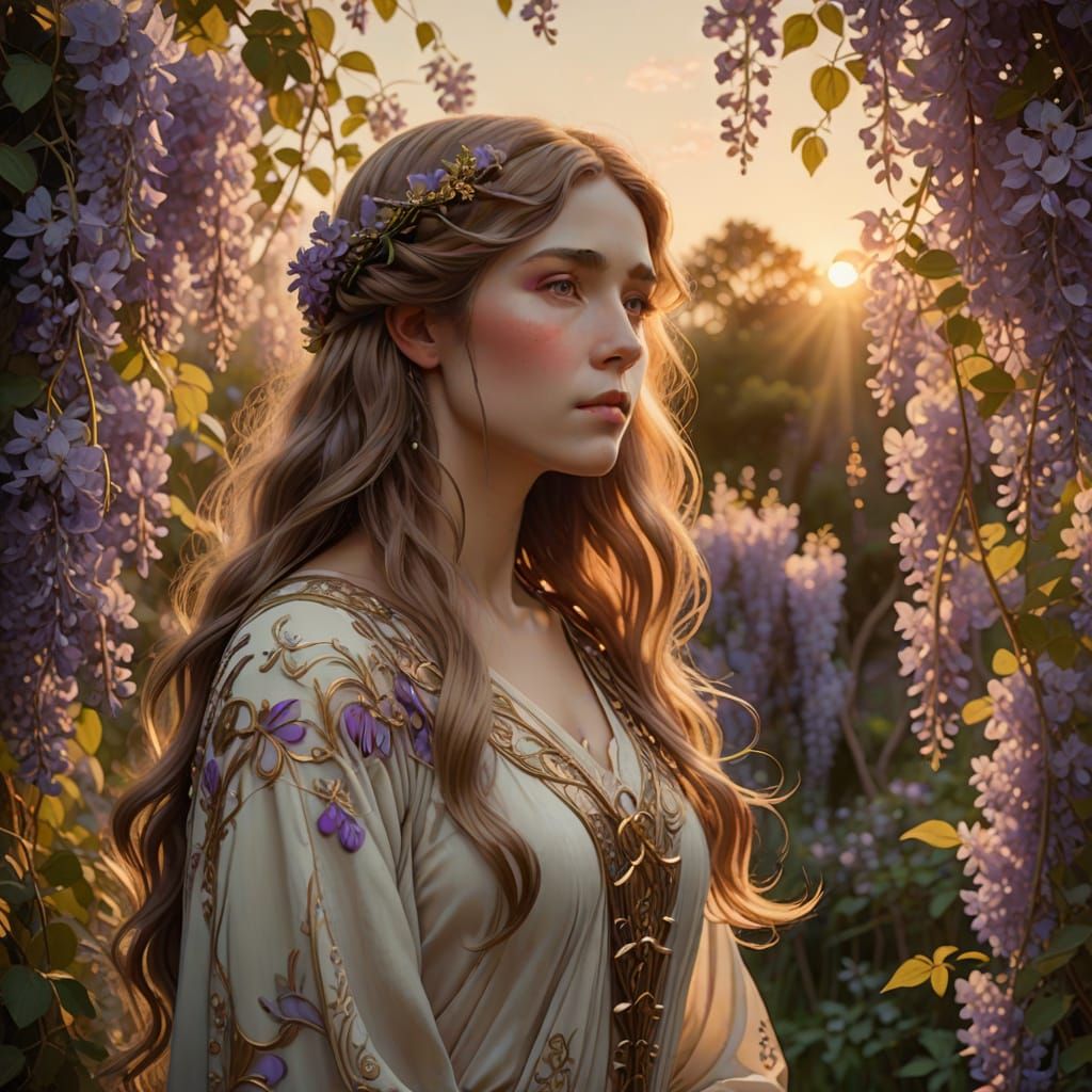 Art Nouveau Woman in Wisteria Field at Dawn