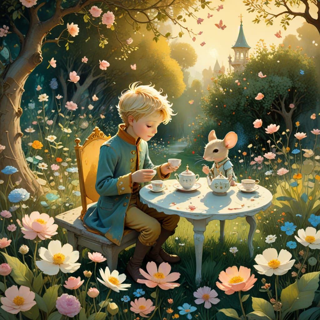 Little Prince and Mouse Tea Party: Watercolor Illustration