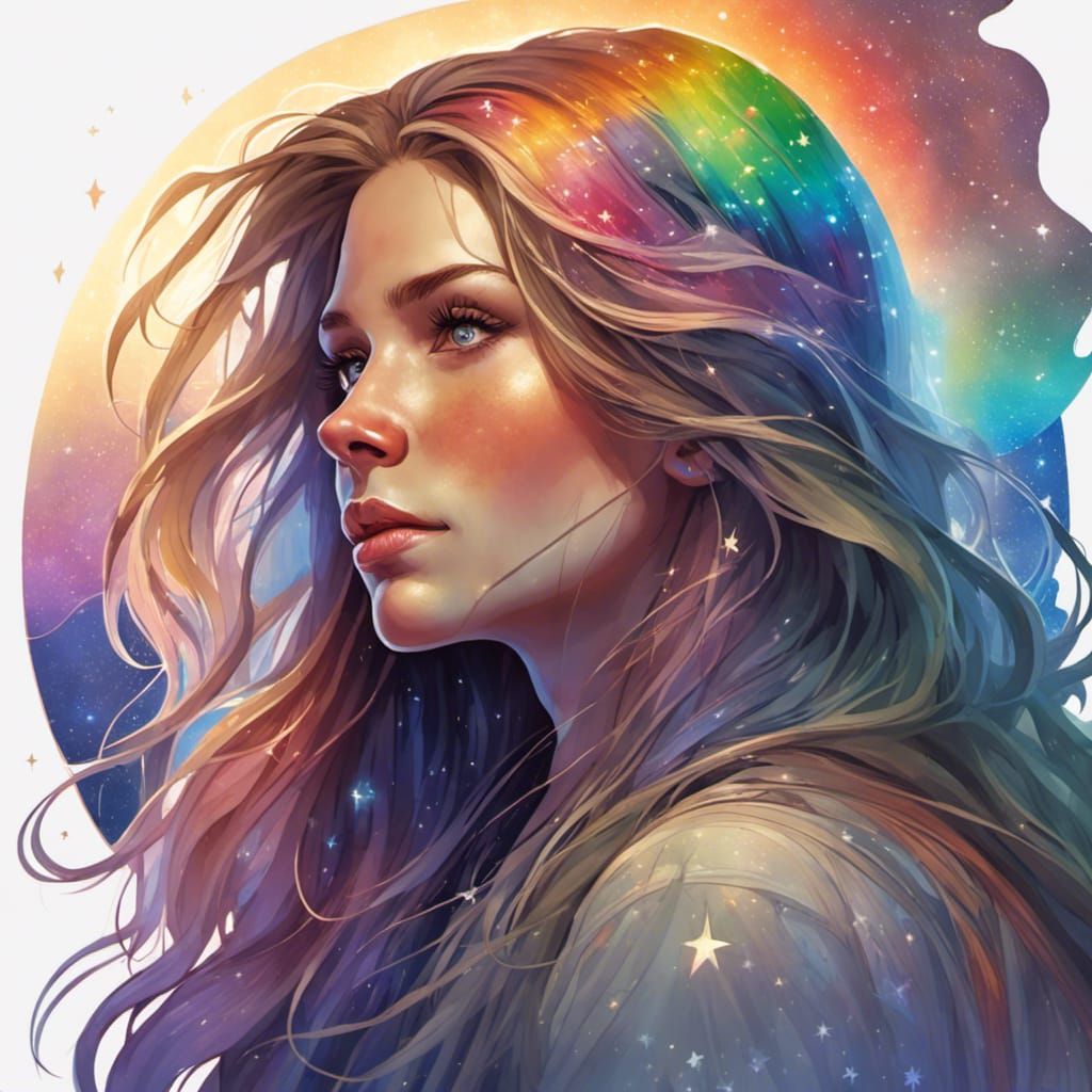 Rainbow Haired Woman Reflecting Stars, Concept Art Portrait