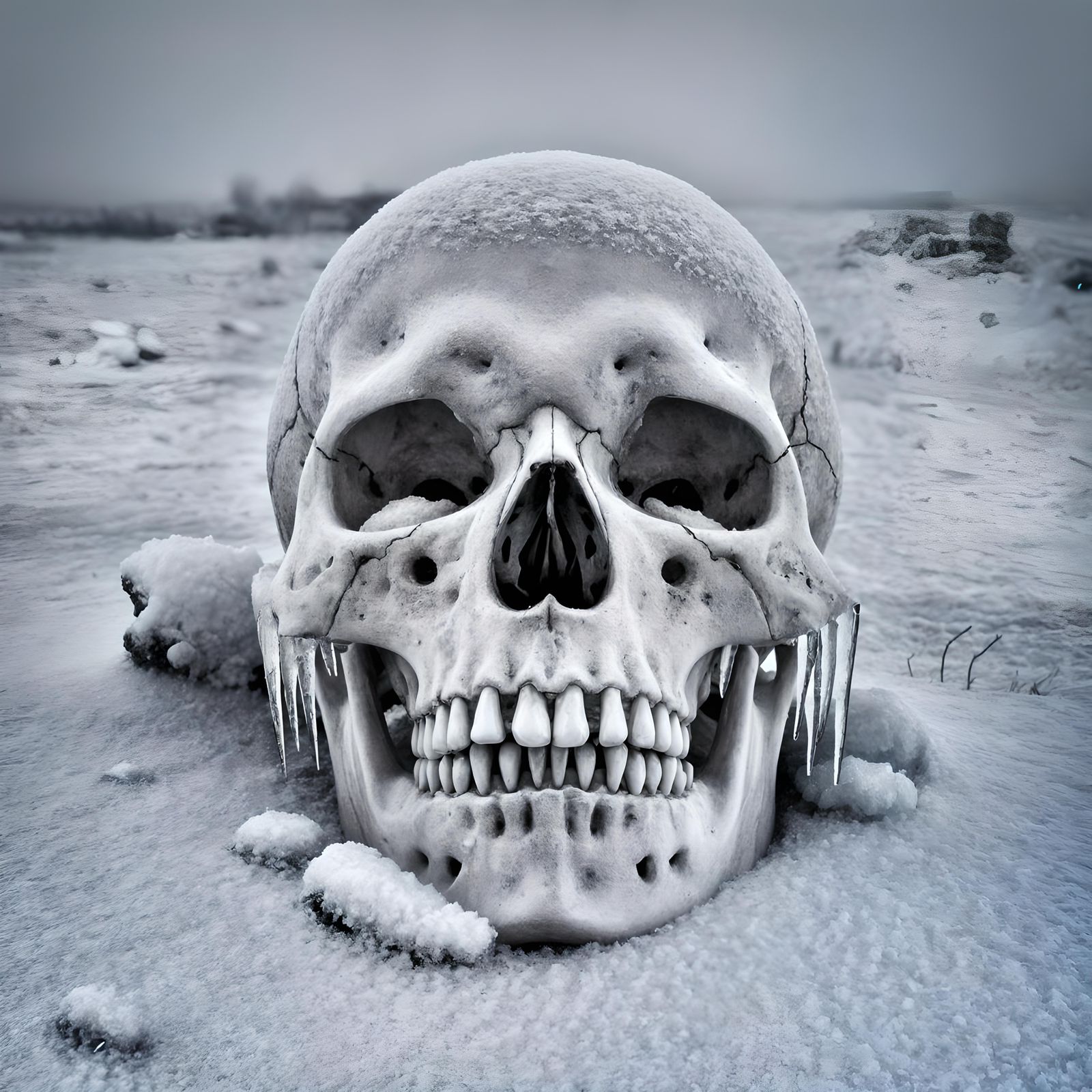 A human skull, eerily half-buried in snow