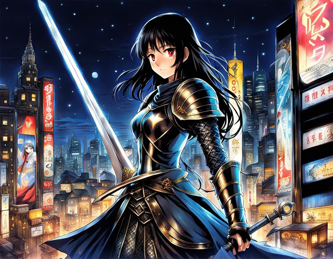 Anime Indonesian Knight in Futuristic Cityscape