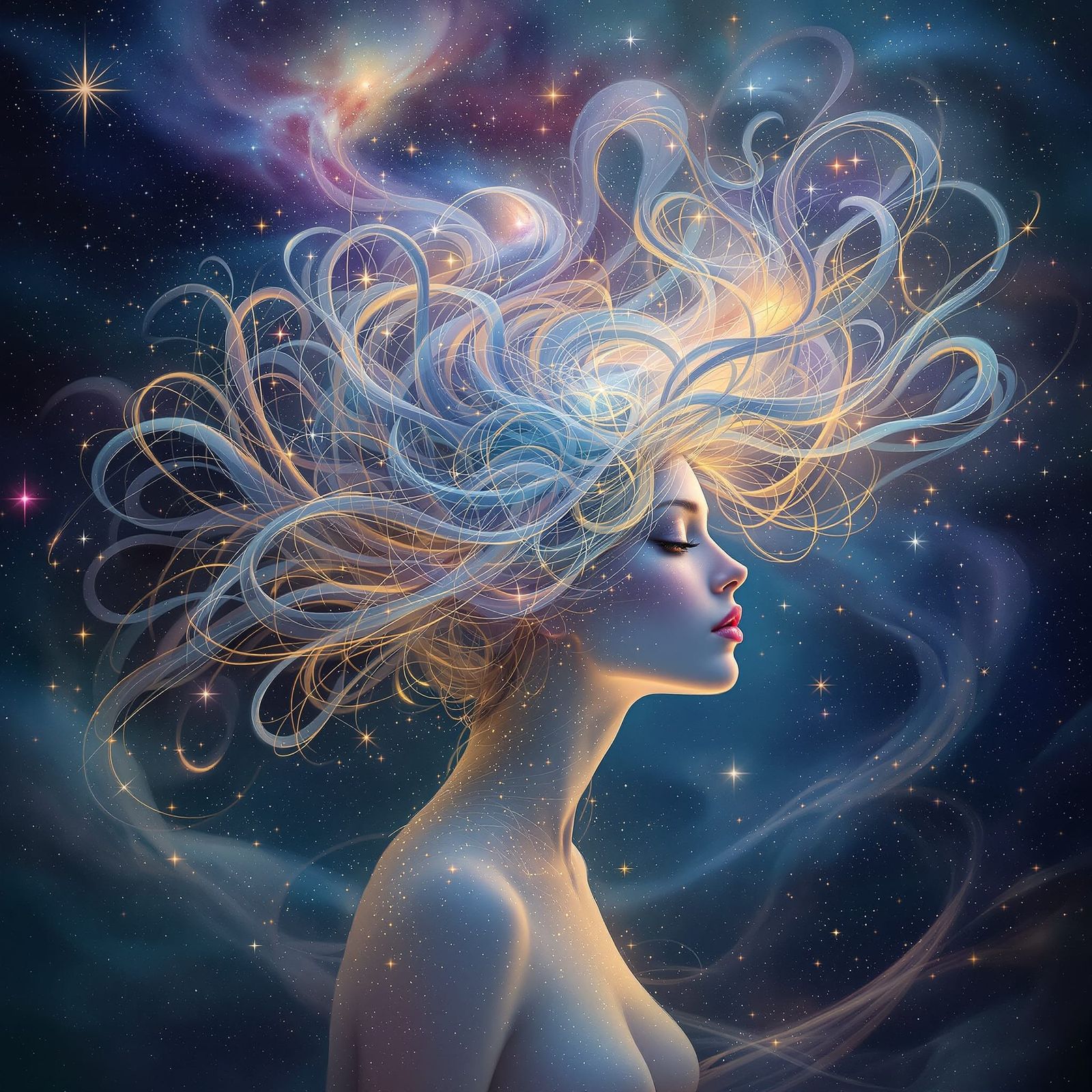 Ethereal Woman with Light Hair in Surreal Cosmic Scene