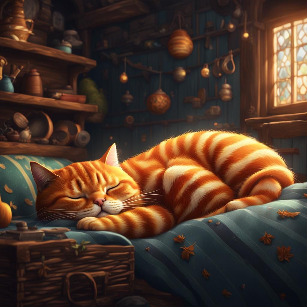 Cute Sleeping Ginger Cat: Detailed Matte Painting