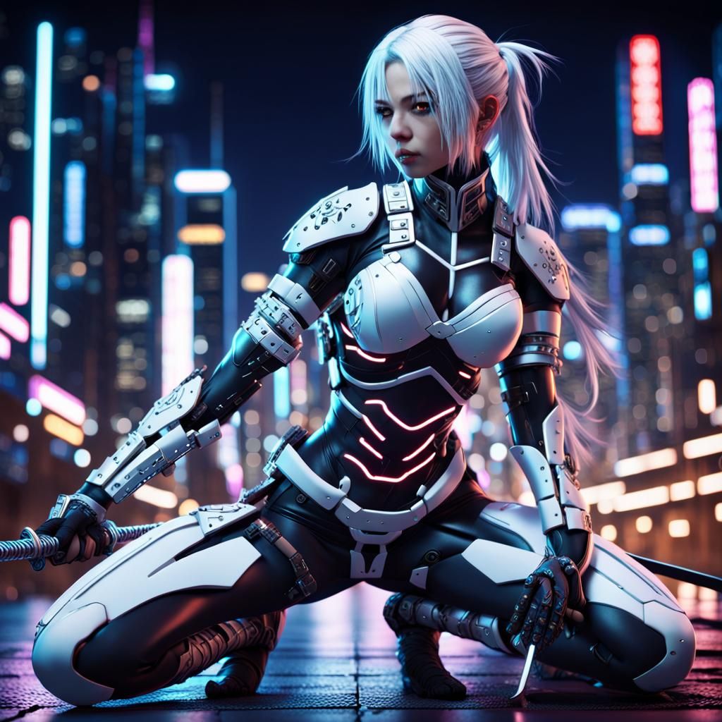 Cyborg Ninja Kneeling in Neon Cityscape, Digital Art