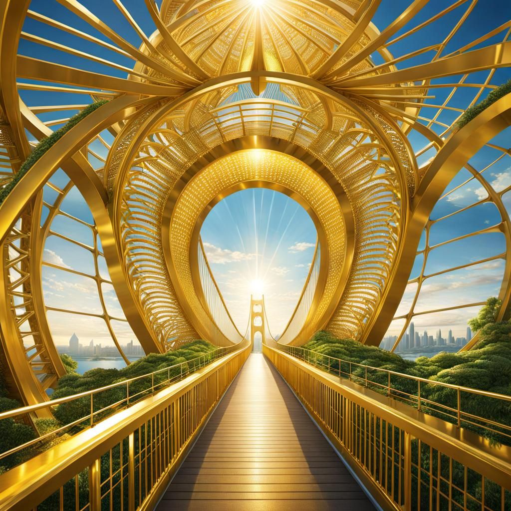 Golden Solarpunk Bridge with Light Rays