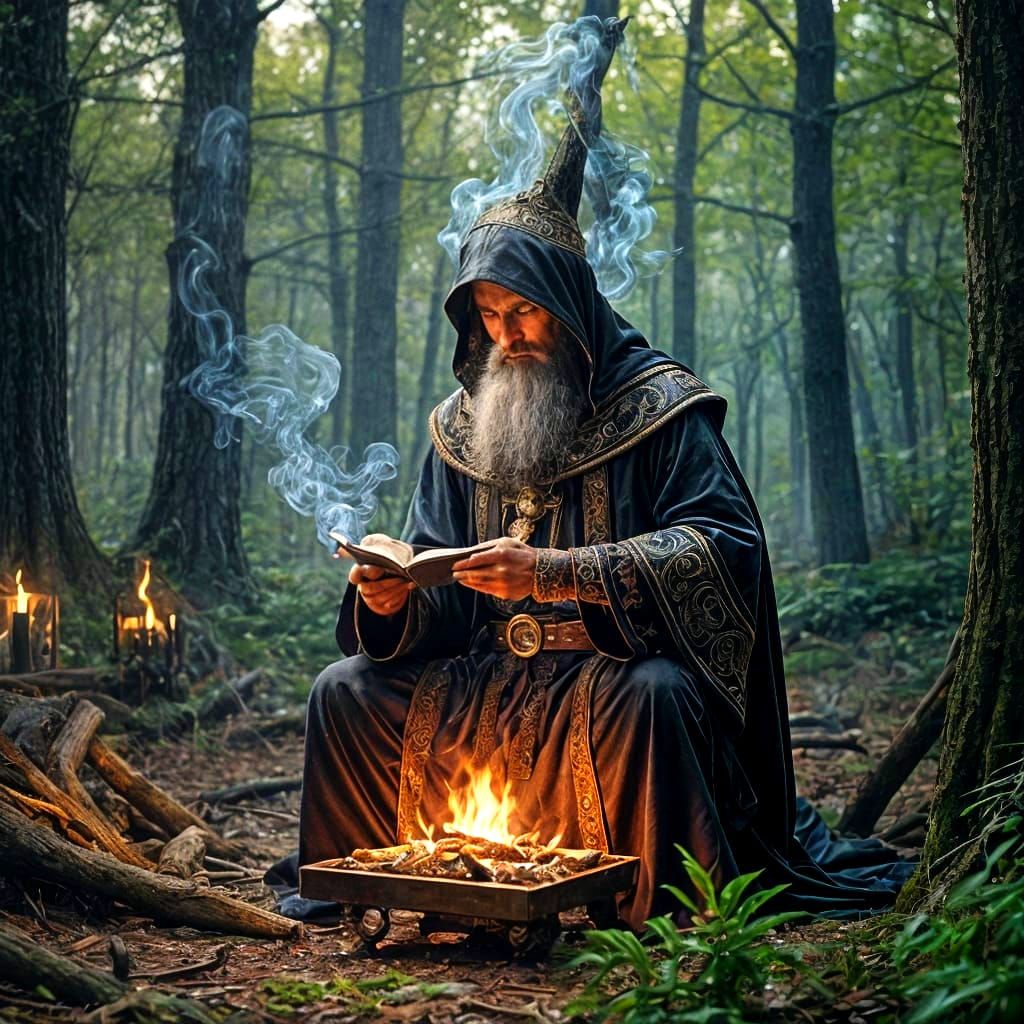 Dark Fantasy Wizard Conjuring Magic in Forest